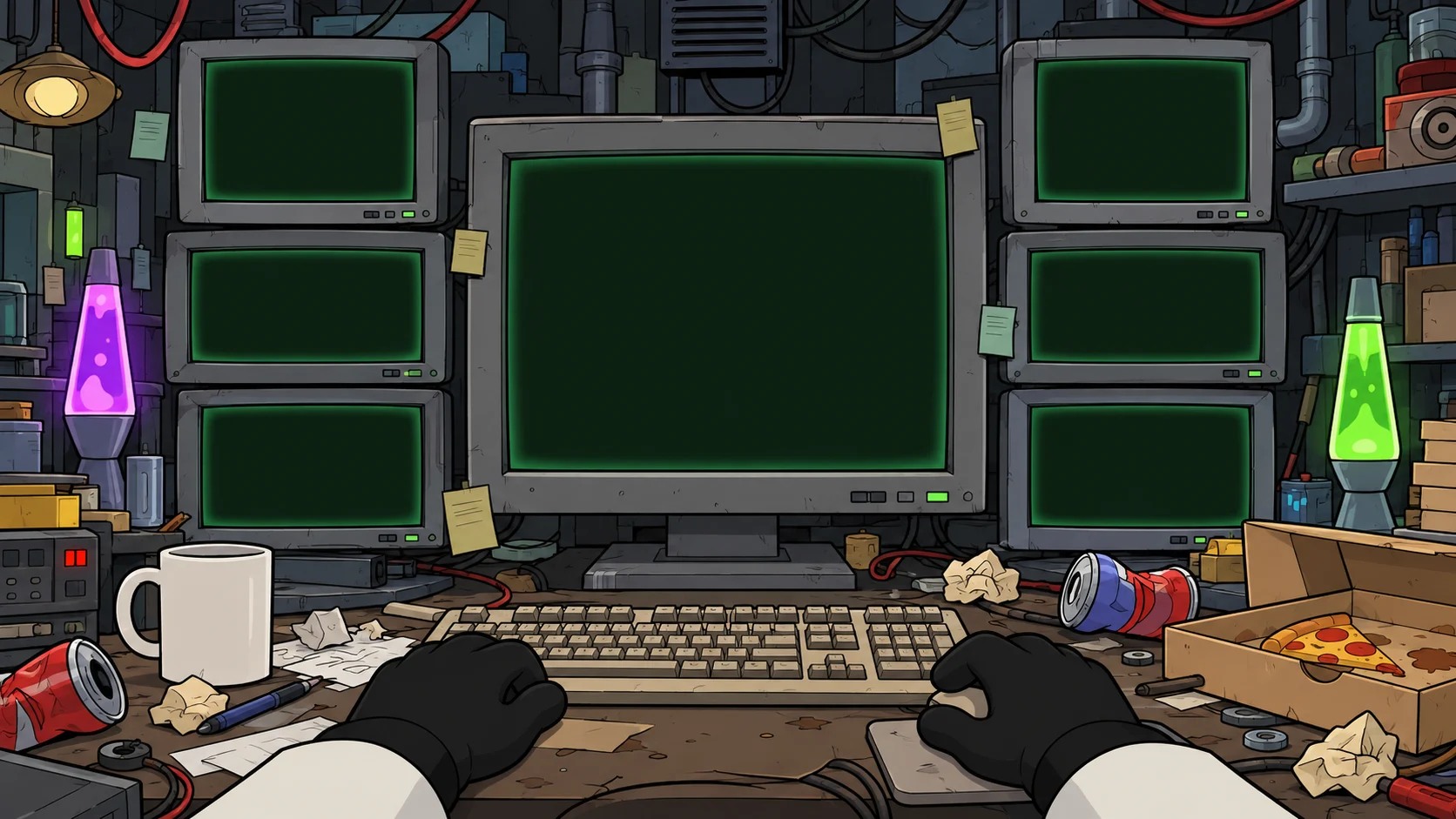 Doctor Vex's desk: his gloved hands on the keyboard in front of a wall of monitors
